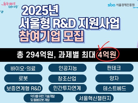 2025년 서울형 R&D 지원사업 참여기업 모집 | 총 294억 원, 과제별 최대 4억 원 | 모집분야: 바이오·의료, 인공지능, 핀테크, 로봇, 창조산업, 양자, 보증연계형 R&D, 민간투자연계, 테스트베드 | 약자를 위한 기술개발 및 탈플라스틱 개발 | 서울혁신챌린지.
